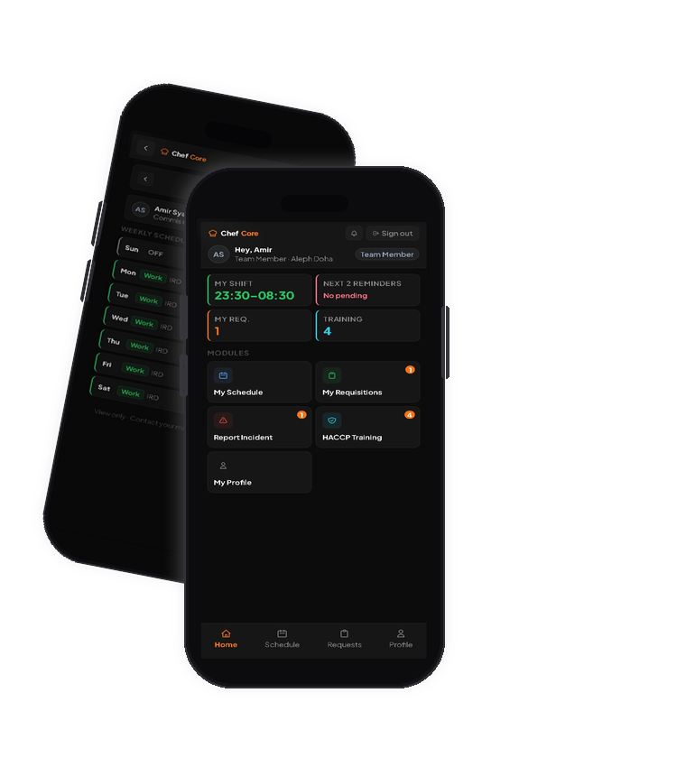 ChefCore app — team member dashboard and schedule screen